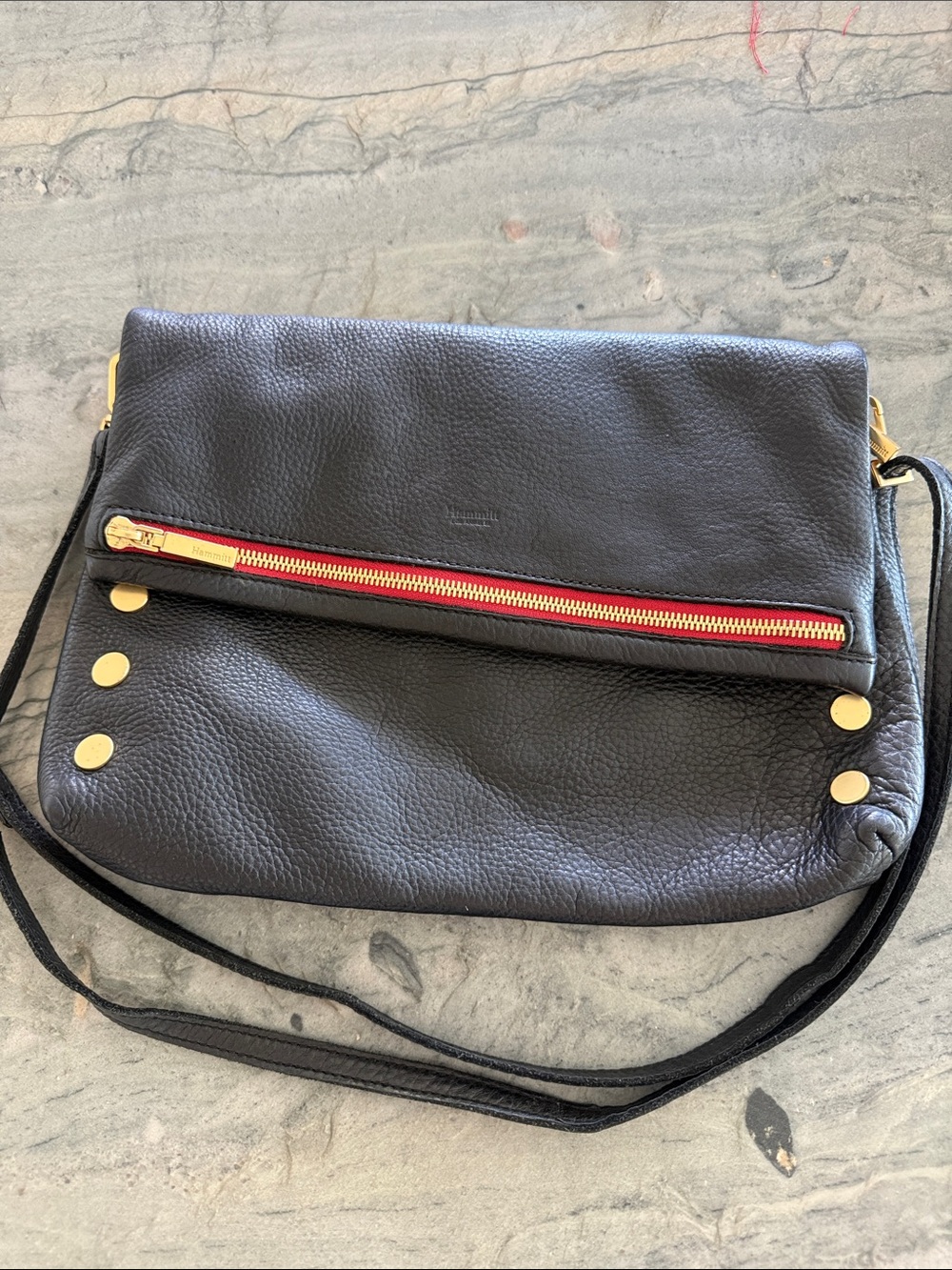 Hammitt Black Leather Clutch with Red Center Stitch